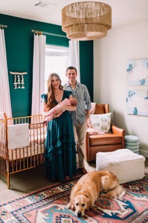 Kelsey, who had polycystic ovary syndrome, holding Harper, with husband, Tom, and their dog Tucker | Dallas IVF | Frisco, TX